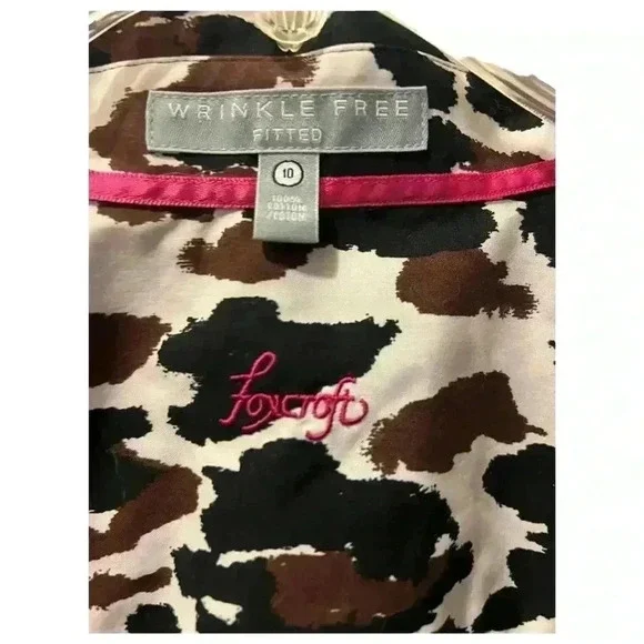 Foxcroft Women's Animal Print Blouse Long Sleeve Collared Button-Front Brown - Picture 4 of 7